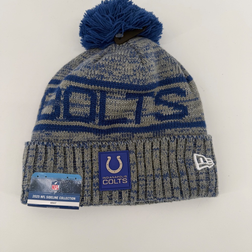 New Era Indianapolis Colts 2025 NFL Sideline Sport Knit Pom Beanie Hat Grey Blue